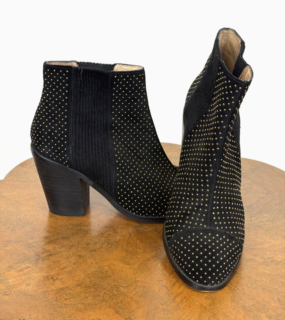 Anthropologie Black Suede Studded Ankle Boots 3.5" Heel Sz 8 Bootie